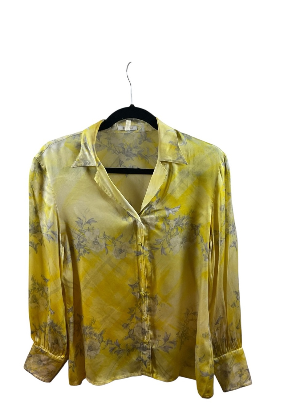 Escada Yellow Floral Satin Button-Front Blouse
